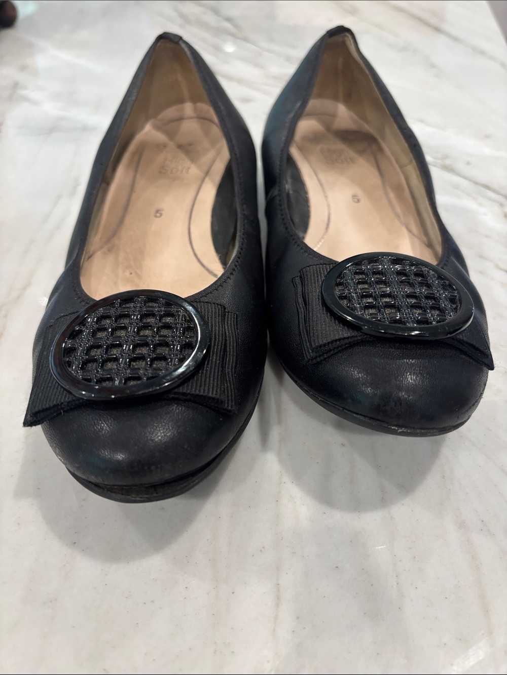 Ara Black Leather-Look Ballet Flats with Woven Medallion